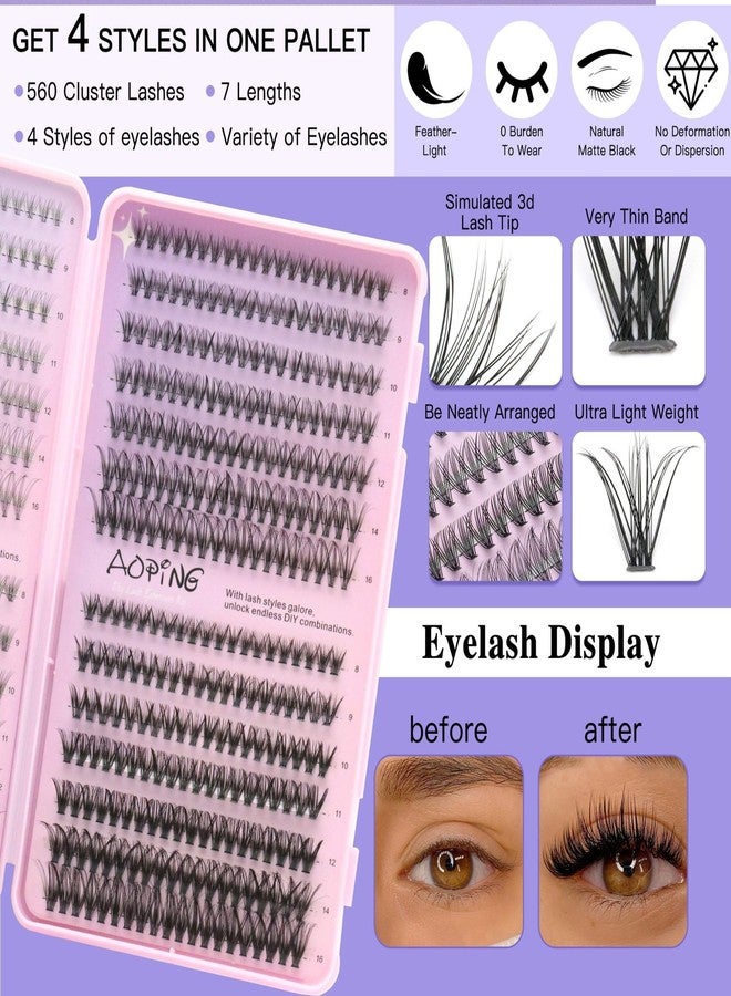 AOPING Lash Clusters Kit Wispy Lashes Extension Kit D Curl False Eyelashes Clusters 560Pcs 10D+20D+30D+40D+50D, 8-16mm with Eyelash Tools Set (Lash Bond and Seal, Lash Remover, Lash Brush, Lash Tweezers) - Image 3